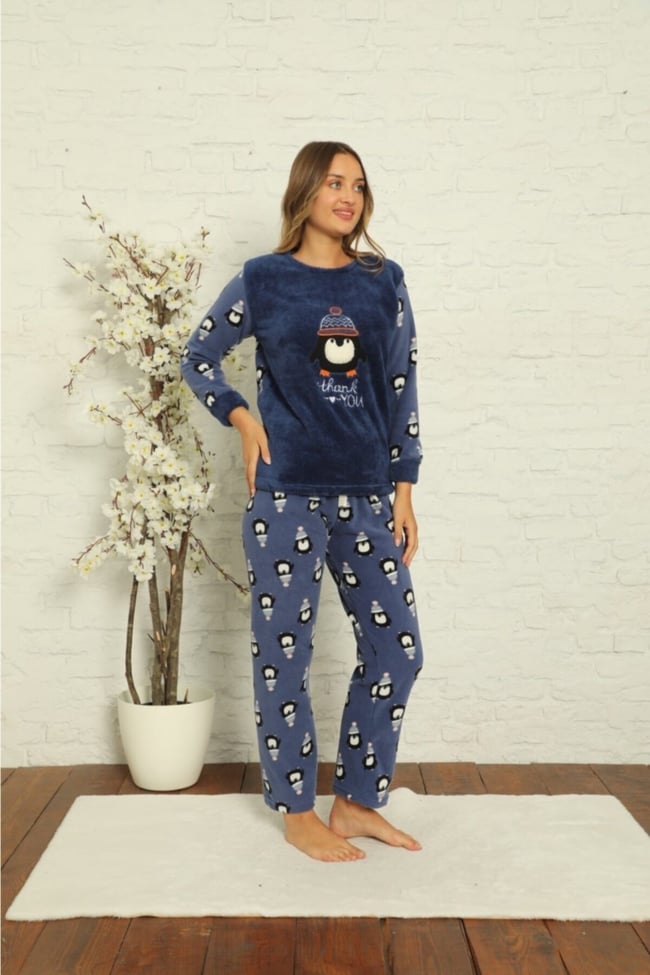 Kadın Mavi Penguen Desenli Polar Peluş Pijama Takımı