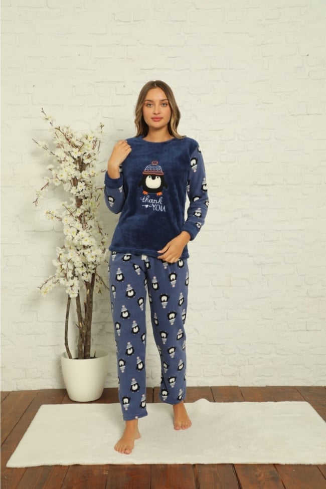 Kadın Mavi Penguen Desenli Polar Peluş Pijama Takımı