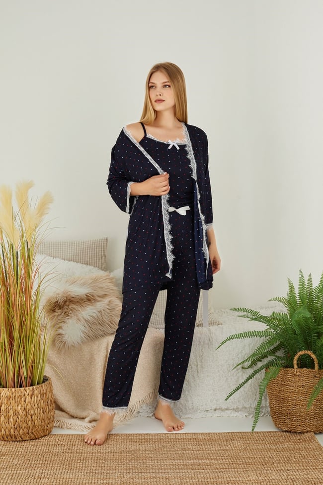 Kadın Minik Puanlı Lacivert Ip Askılı Altı Uzun Sabahlık 3'lü Set Pijama Takımı.