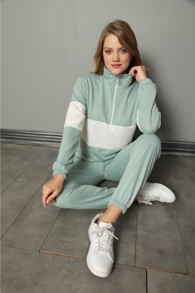 Kadın Mint Yarım Fermuarlu Şeritli Iki Iplik Pijama Takımı