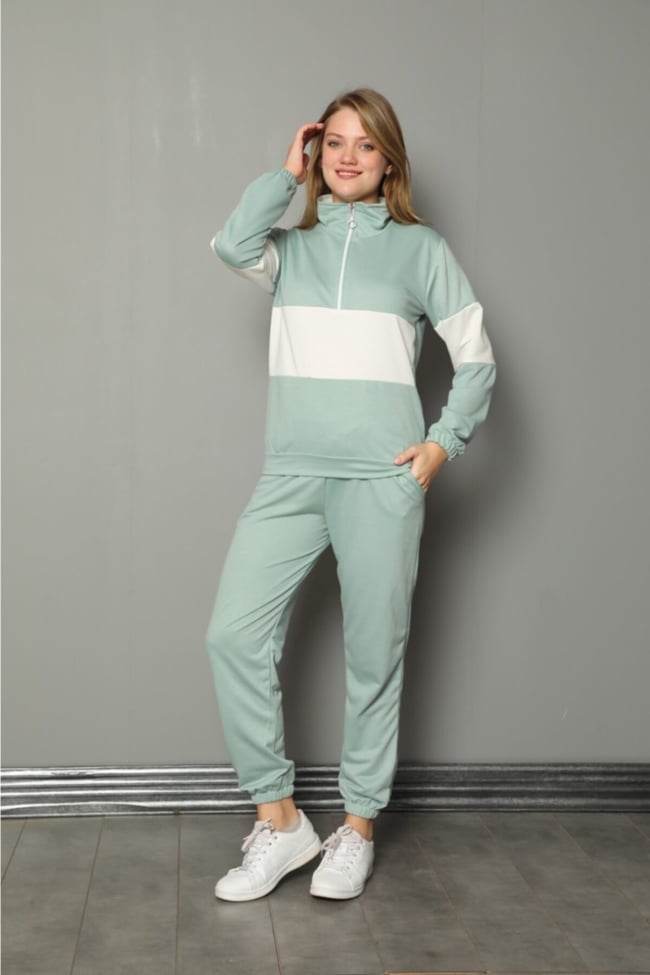 Kadın Mint Yarım Fermuarlu Şeritli Iki Iplik Pijama Takımı
