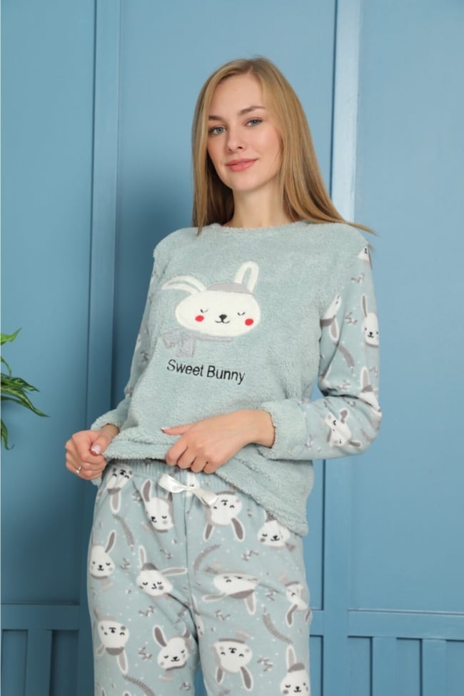 Kadın Mint Yeşil Sevimli Tavşancık Sweet Bunny Pelüş Polar Pijama Takımı