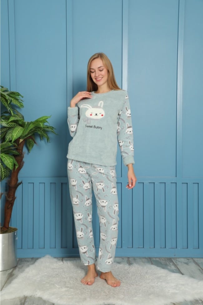 Kadın Mint Yeşil Sevimli Tavşancık Sweet Bunny Pelüş Polar Pijama Takımı