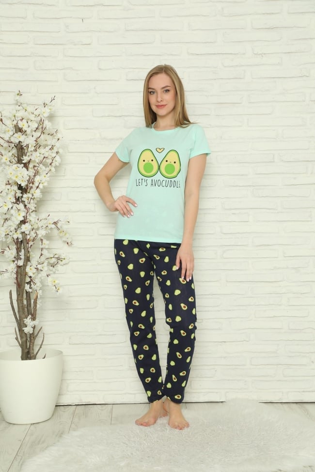 Kadın Mint Yeşili Avokado Desenli Desenli Pijama Takımı