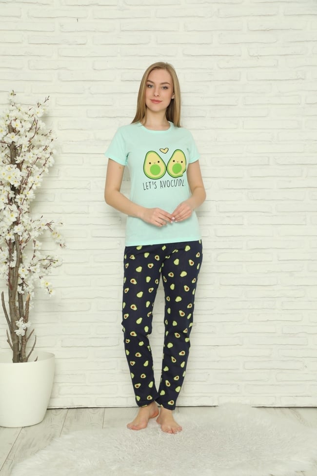 Kadın Mint Yeşili Avokado Desenli Desenli Pijama Takımı