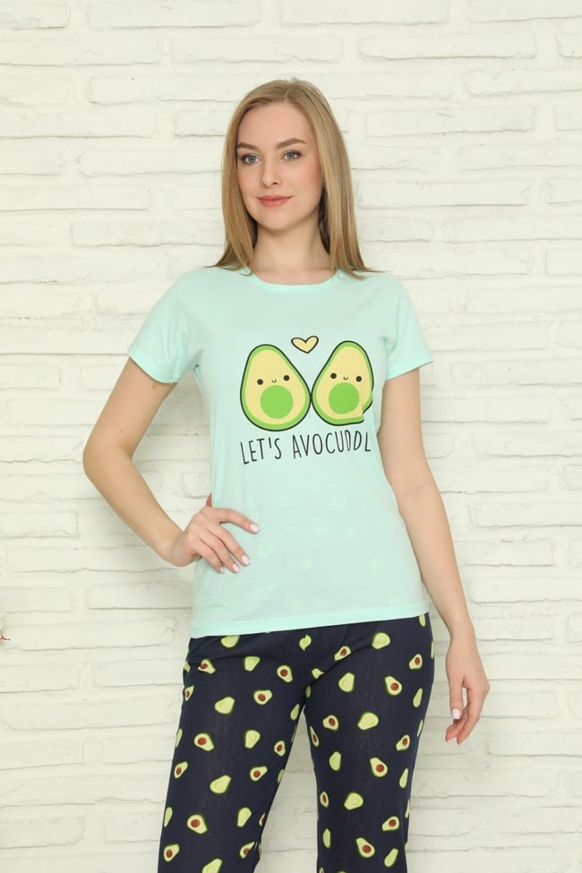 Kadın Mint Yeşili Avokado Desenli Desenli Pijama Takımı