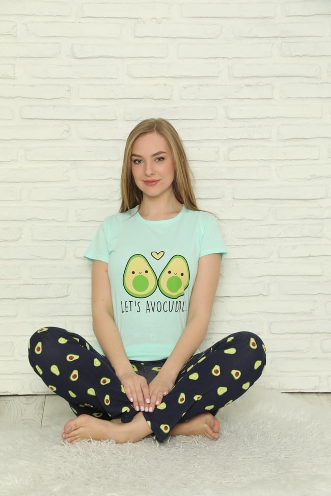 Kadın Mint Yeşili Avokado Desenli Desenli Pijama Takımı