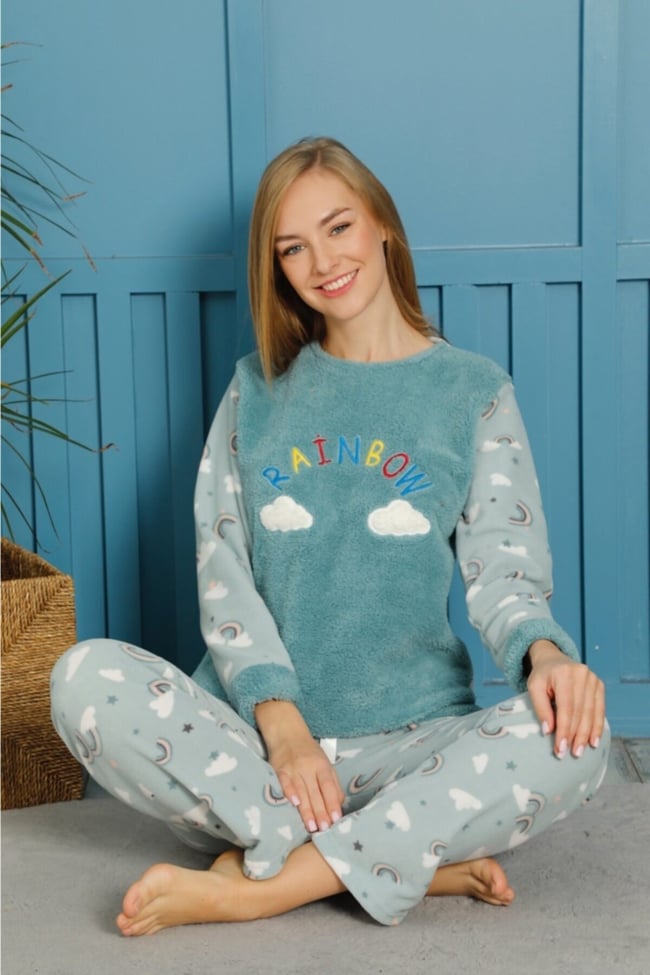 Kadın Mint Yeşili Bulut Baskılı Raınbow Yazılı Polar Peluş Pijama Takımı