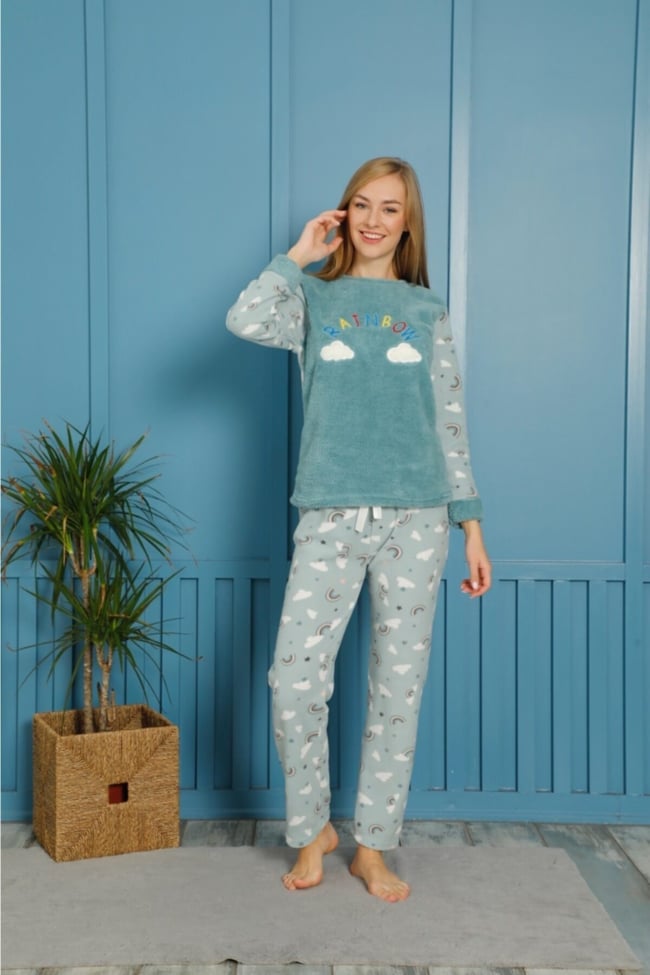 Kadın Mint Yeşili Bulut Baskılı Raınbow Yazılı Polar Peluş Pijama Takımı