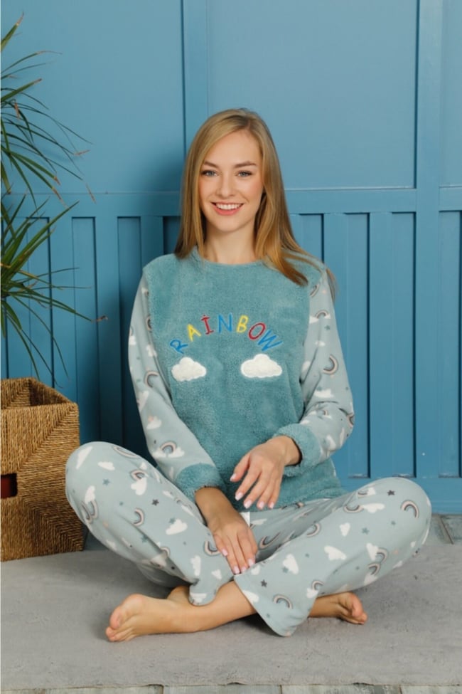 Kadın Mint Yeşili Bulut Baskılı Raınbow Yazılı Polar Peluş Pijama Takımı
