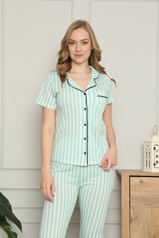 Kadın Mint Yeşili Çizgili Önü Düğmeli Pijama Takımı