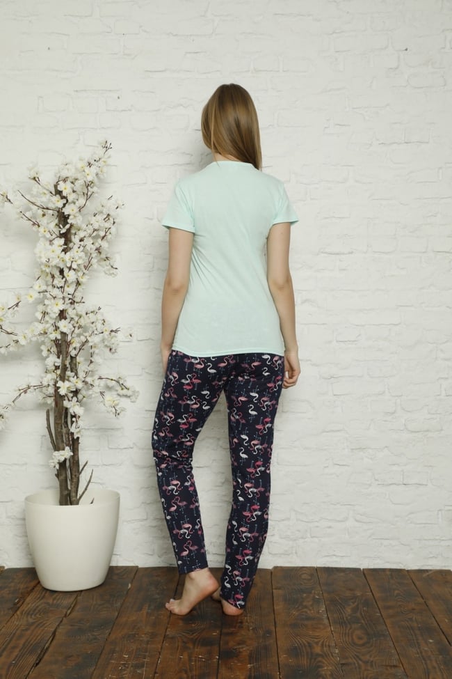 Kadın Mint Yeşili Flamingo Desenli Pijama Takımı