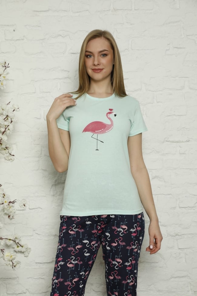 Kadın Mint Yeşili Flamingo Desenli Pijama Takımı