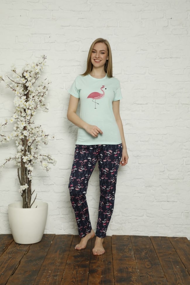 Kadın Mint Yeşili Flamingo Desenli Pijama Takımı