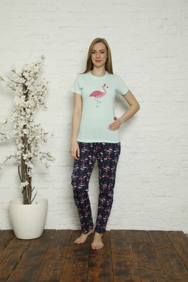 Kadın Mint Yeşili Flamingo Desenli Pijama Takımı