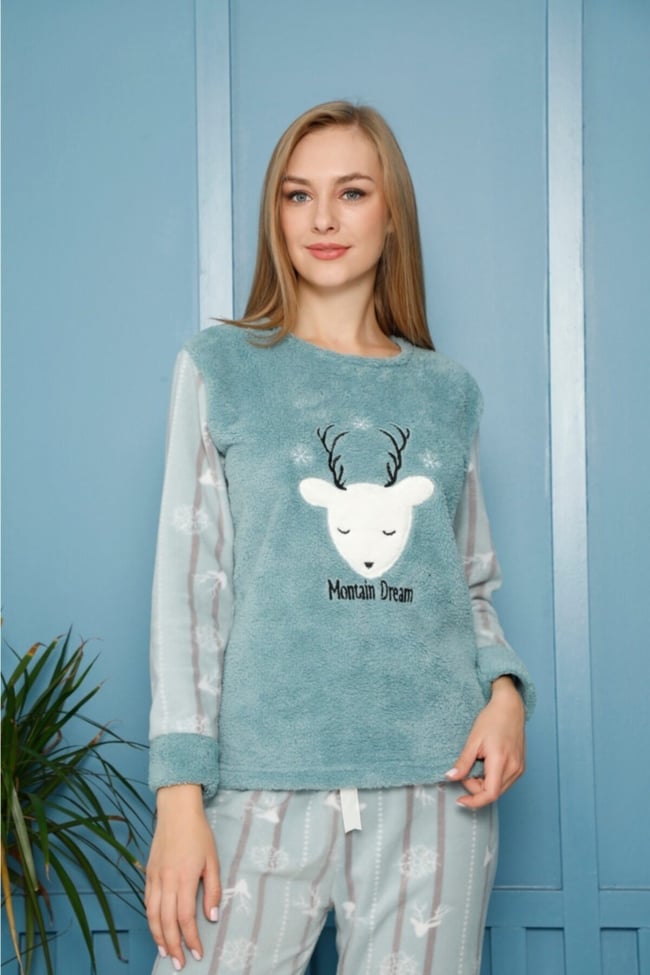 Kadın Mint Yeşili Geyik Nakışlı Montain Dream Yazılı Polar Peluş Pijama Takımı