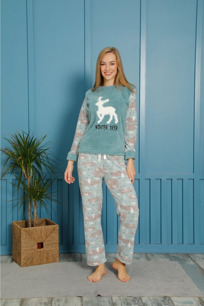 Kadın Mint Yeşili Geyik Nakışlı Wınter Deer Yazılı Polar Peluş Pijama Takımı