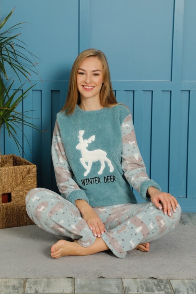 Kadın Mint Yeşili Geyik Nakışlı Wınter Deer Yazılı Polar Peluş Pijama Takımı