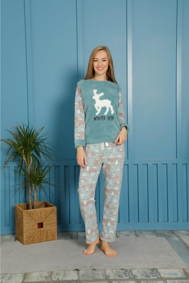 Kadın Mint Yeşili Geyik Nakışlı Wınter Deer Yazılı Polar Peluş Pijama Takımı