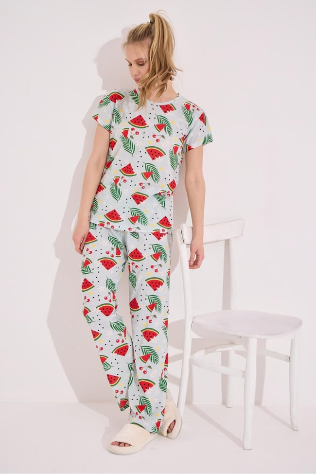Kadın Mint Yeşili Karpuz Baskılı Kısa Kollu Altı Uzun Pijama Takımı.