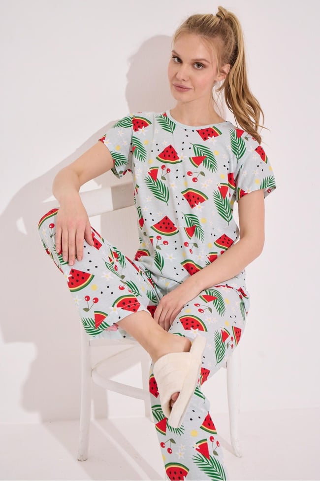 Kadın Mint Yeşili Karpuz Baskılı Kısa Kollu Altı Uzun Pijama Takımı.