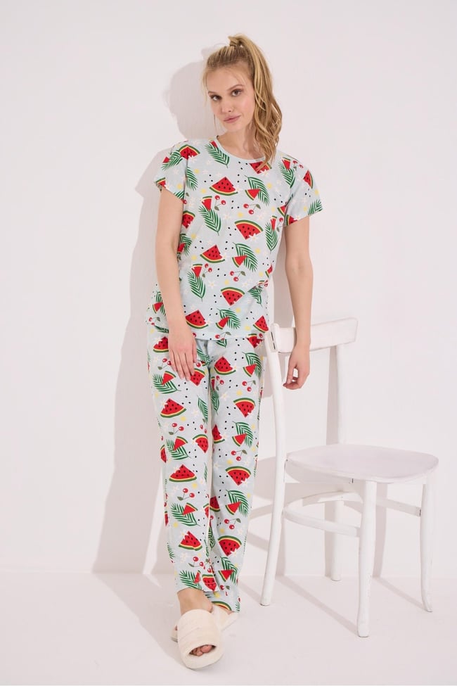 Kadın Mint Yeşili Karpuz Baskılı Kısa Kollu Altı Uzun Pijama Takımı.
