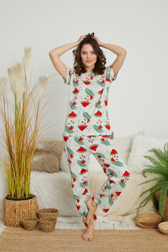 Kadın Mint Yeşili Karpuz Baskılı Kısa Kollu Altı Uzun Pijama Takımı.
