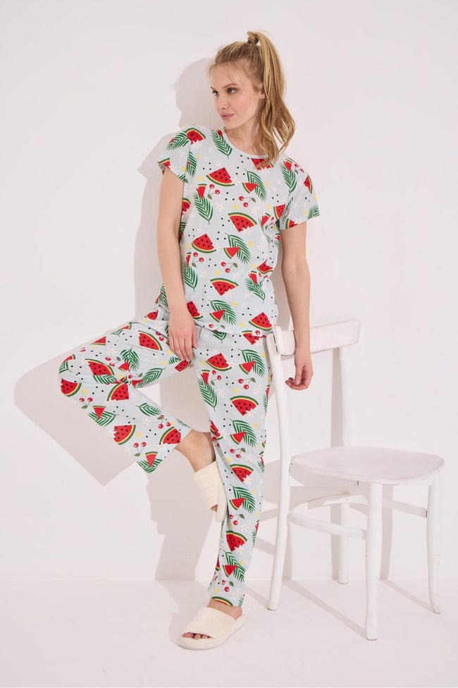 Kadın Mint Yeşili Karpuz Baskılı Kısa Kollu Altı Uzun Pijama Takımı.
