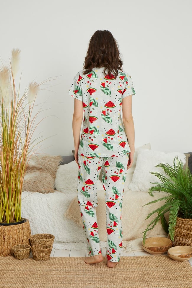 Kadın Mint Yeşili Karpuz Baskılı Kısa Kollu Altı Uzun Pijama Takımı.