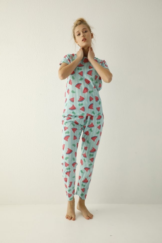 Kadın Mint Yeşili Karpuz Desenli Pijama Takımı