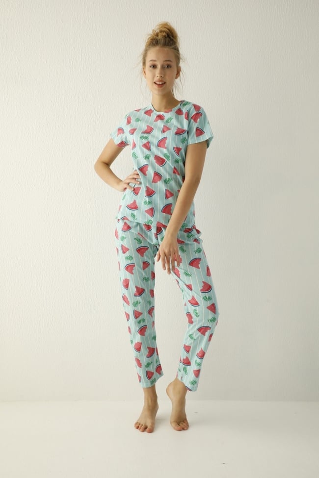 Kadın Mint Yeşili Karpuz Desenli Pijama Takımı