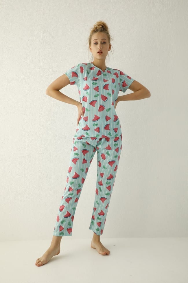 Kadın Mint Yeşili Karpuz Desenli Pijama Takımı