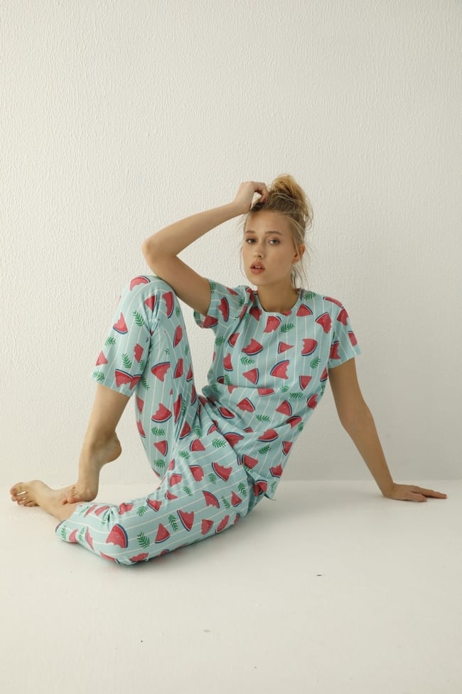 Kadın Mint Yeşili Karpuz Desenli Pijama Takımı
