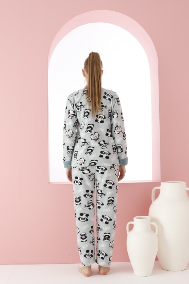 Kadın Mint Yeşili Love Yazılı Panda Nakışlı Polar Peluş Pijama Takımı.