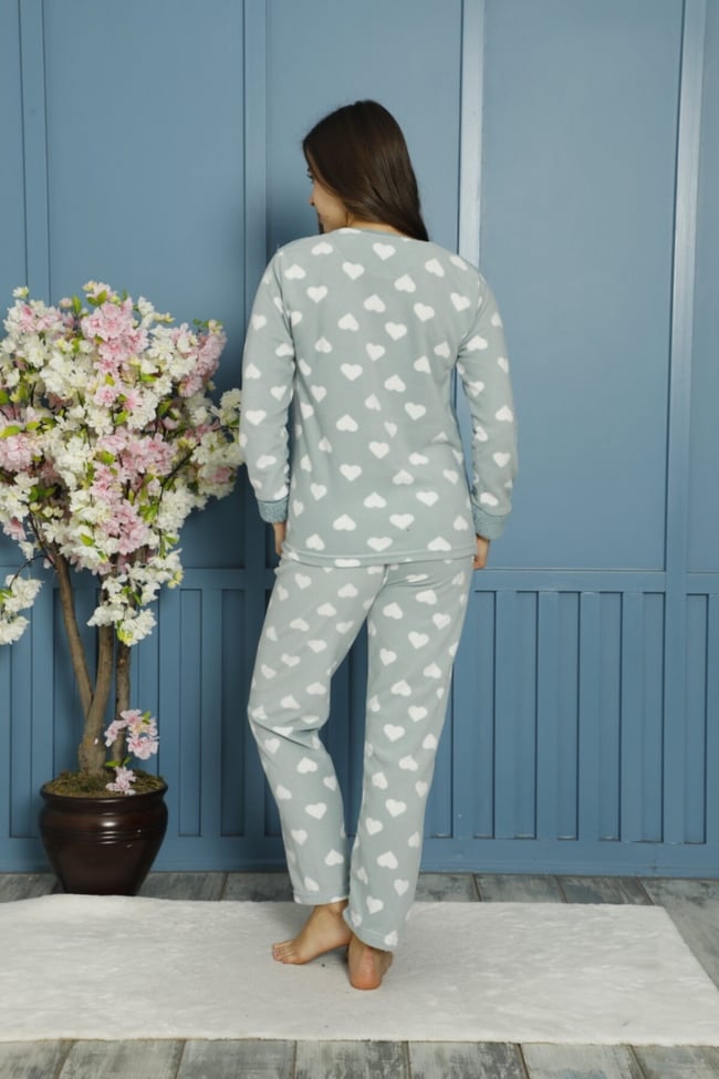 Kadın Mint Yeşili Love You Nakışlı Önü Peluşlu Polar Pijama Takımı.