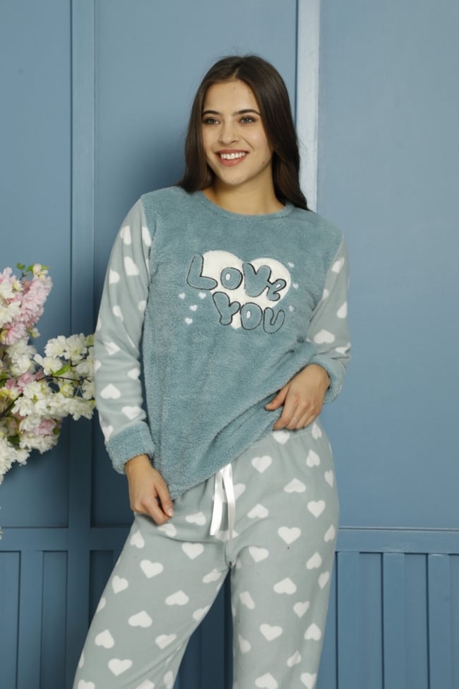 Kadın Mint Yeşili Love You Nakışlı Önü Peluşlu Polar Pijama Takımı.