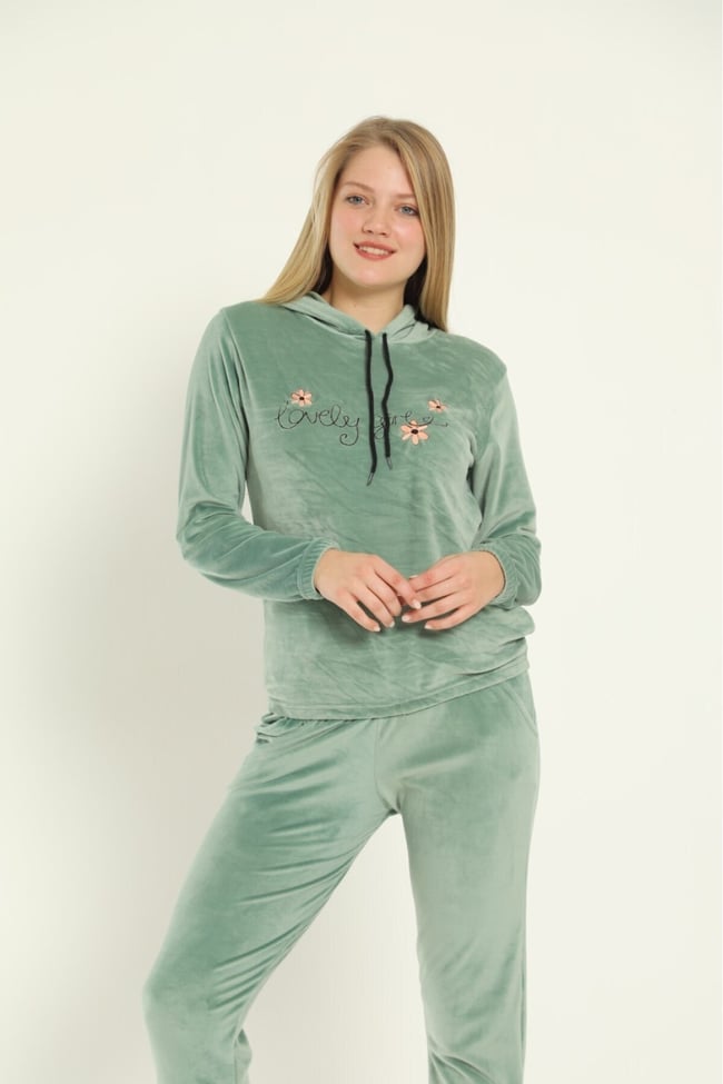 Kadın Mint Yeşili Lovely Girl Nakışlı Kapüşonlu Ve Cepli Fransız Kadife Eşofman Takımı