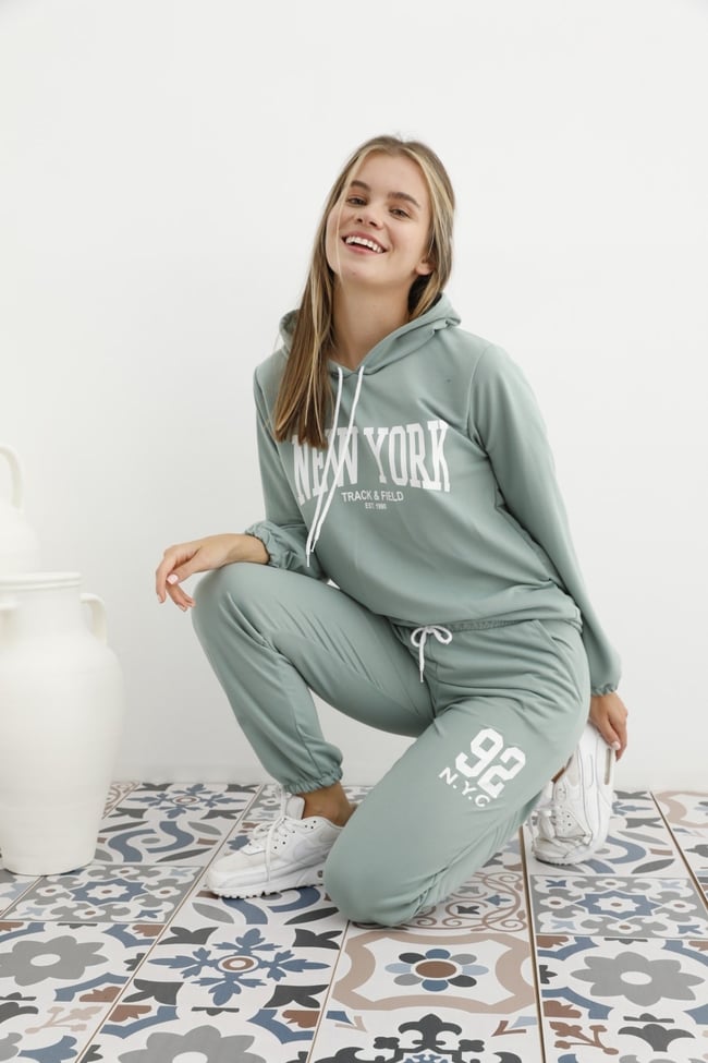 Kadın Mint Yeşili New York Baskılı Kapüşonlu Ve Cepli Eşofman Takımı