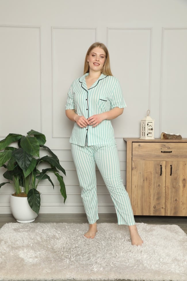 Kadın Mint Yeşili Önü Düğmeli Çizgili Yakalı Pijama Takımı