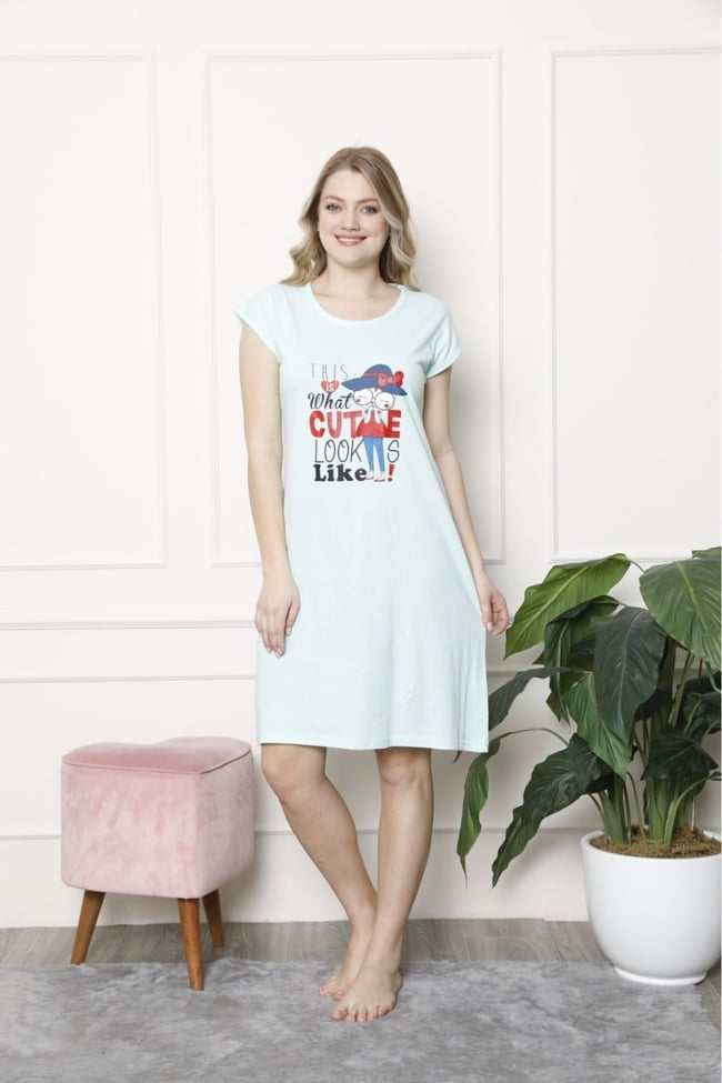 Kadın Mint Yeşili Renkli Sevimli Kedicik Desenli Gecelik Elbise