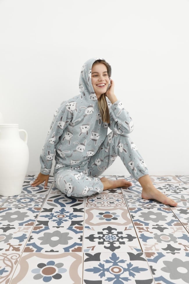 Kadın Mint Yeşili Tavşan Desenli Kapüşonlu Polar Eşofman Pijama Takımı