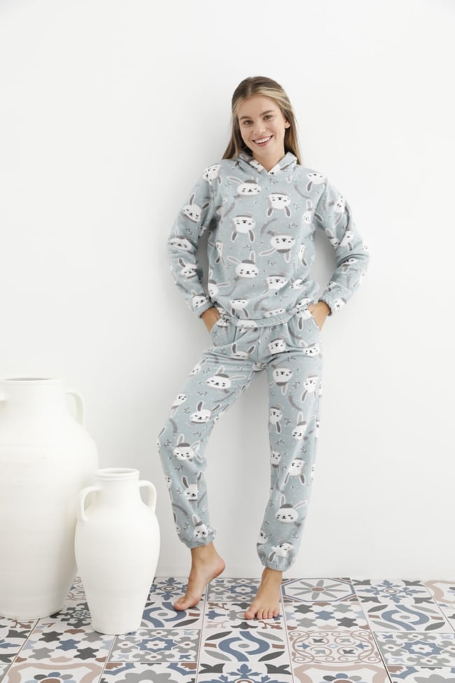 Kadın Mint Yeşili Tavşan Desenli Kapüşonlu Polar Eşofman Pijama Takımı
