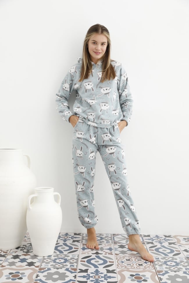 Kadın Mint Yeşili Tavşan Desenli Kapüşonlu Polar Eşofman Pijama Takımı