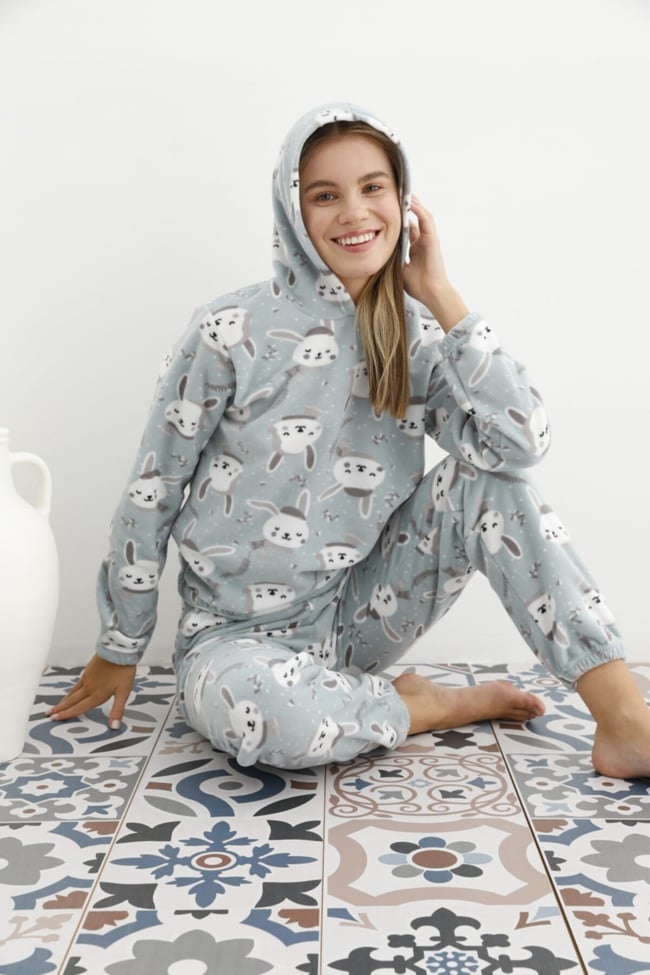 Kadın Mint Yeşili Tavşan Desenli Kapüşonlu Polar Eşofman Pijama Takımı