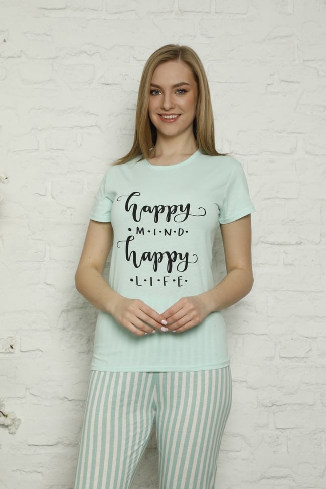 Kadın Mint Yeşili Yazılı Çizgili Pijama Takımı