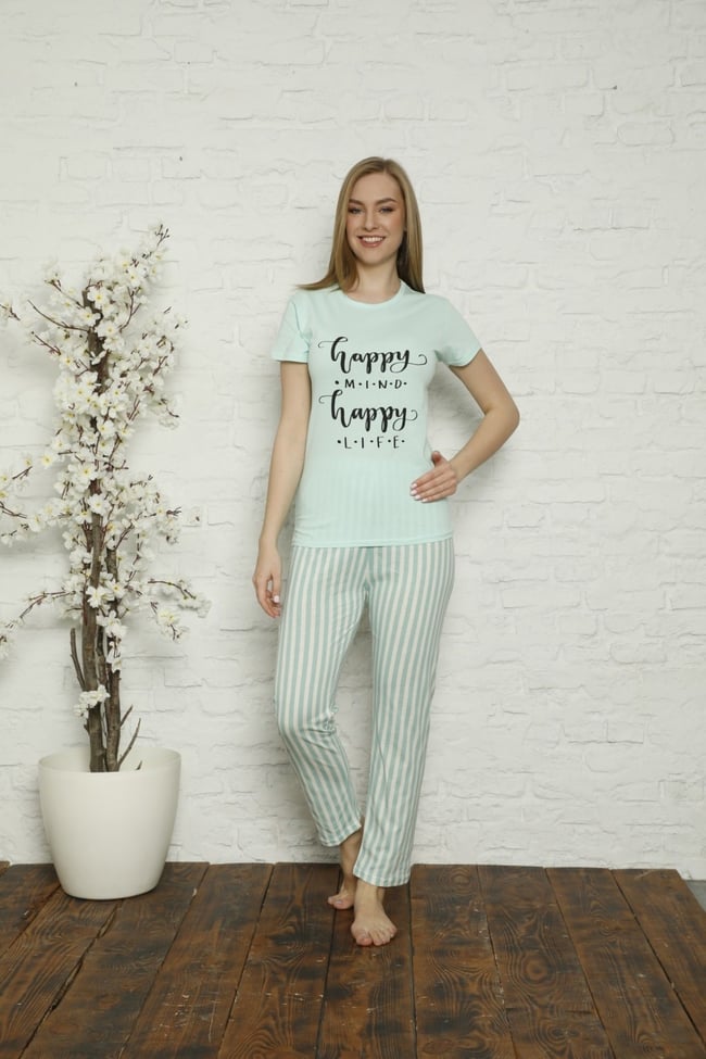 Kadın Mint Yeşili Yazılı Çizgili Pijama Takımı