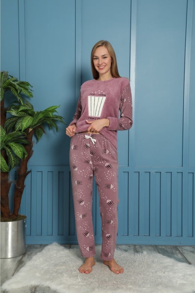 Kadın Mor Pop Corn Party Pelüş Polar Pijama Takımı