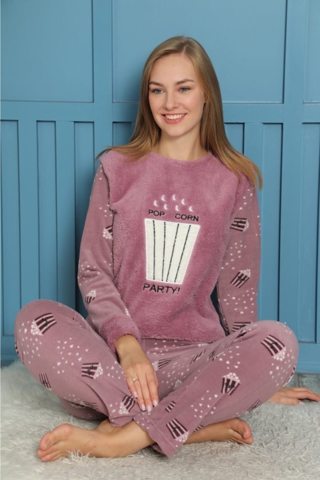 Kadın Mor Pop Corn Party Pelüş Polar Pijama Takımı