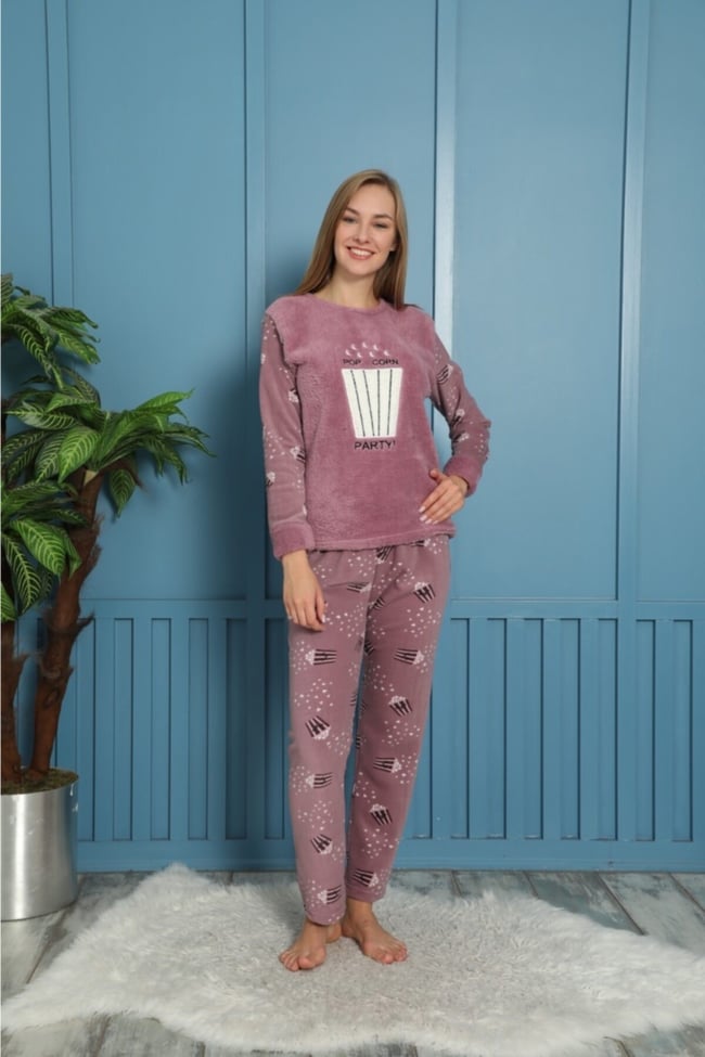 Kadın Mor Pop Corn Party Pelüş Polar Pijama Takımı