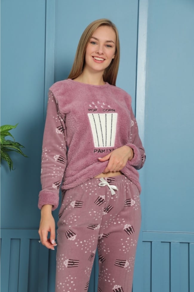 Kadın Mor Pop Corn Party Pelüş Polar Pijama Takımı